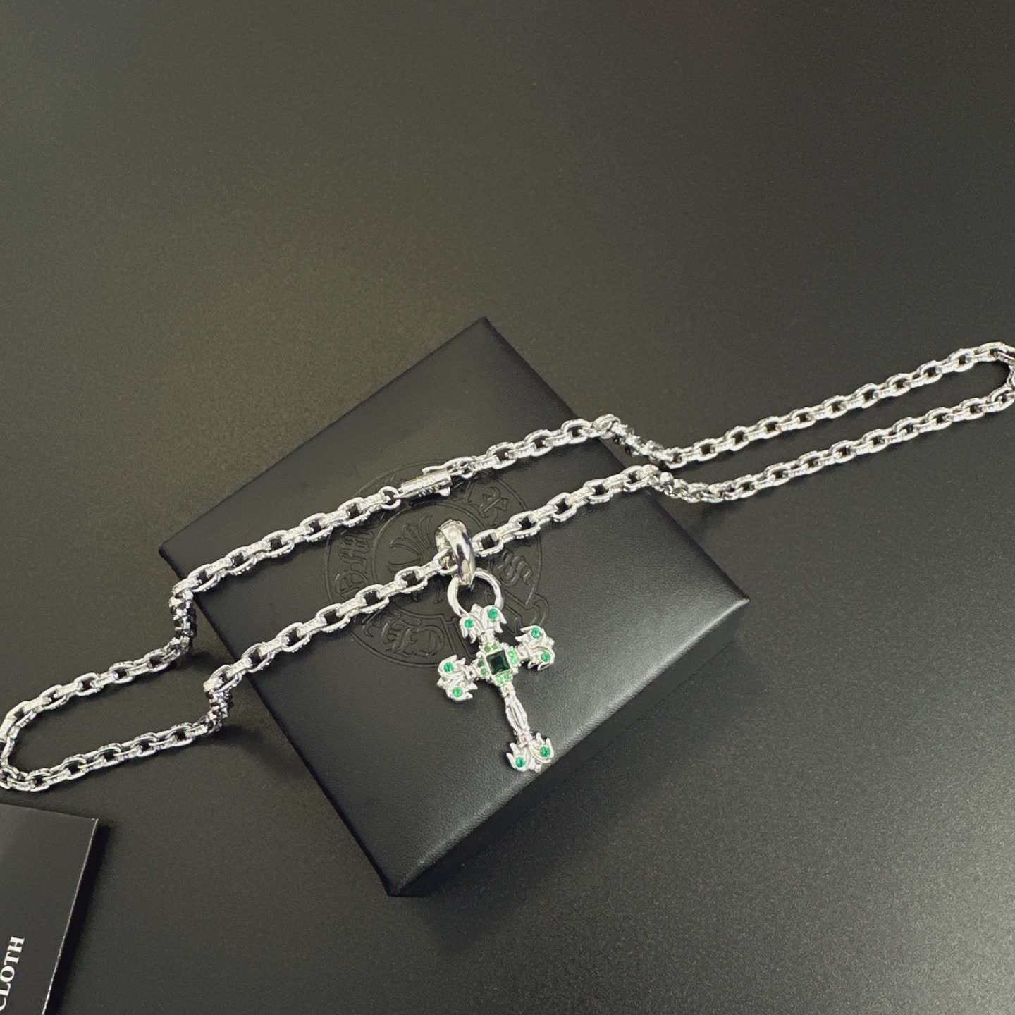 Chrome Hearts Silver Cross Pendant with Emerald Accents
